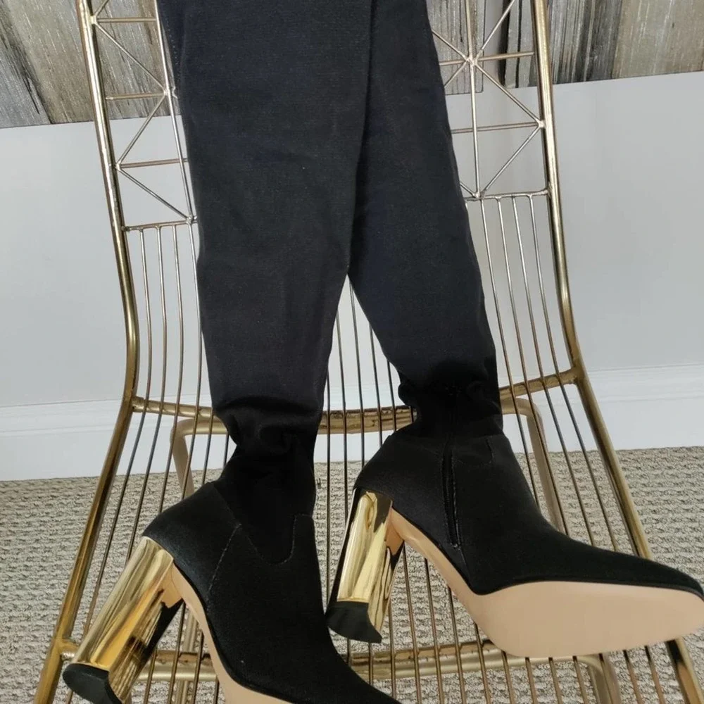 Spaziomoda‎ Bogna Italy Black Stretch Denim Over The Knee Gold Block Heel Boots